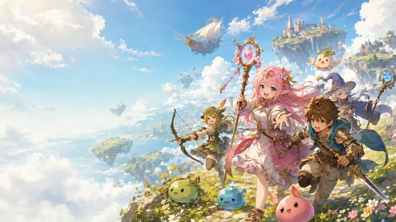 Fantasy adventurers exploring floating islands above the clouds